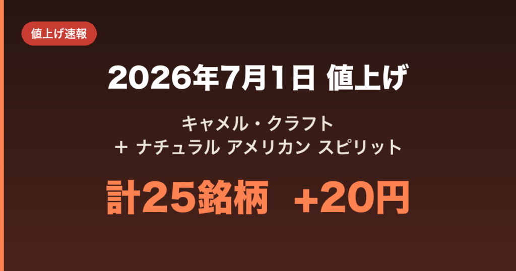 JT キャメル・クラフト + ナチュラル アメリカン スピリット 値上げ速報