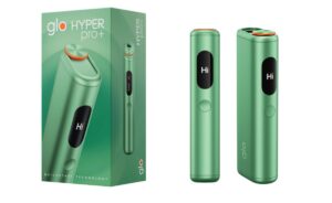 glo Hyper pro+（モス・グリーン）の本体とパッケージ（製品画像）